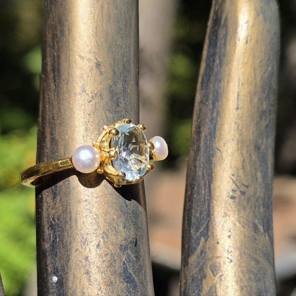 Blue Topaz 3.5k Sterling Gold & Pearl Ring Sz6.5 - Picture 7 of 9